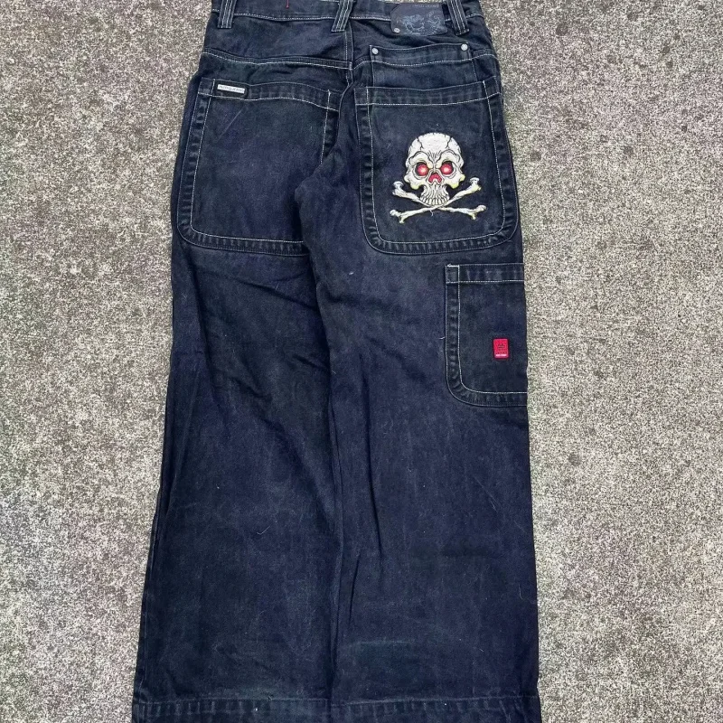 Spontork Retro Skull Graphic Embroidered JNCO Jeans New Harajuku Hip Hop Baggy Jeans Denim  Pants Men Women Goth High Waist Wide Trousers Pants