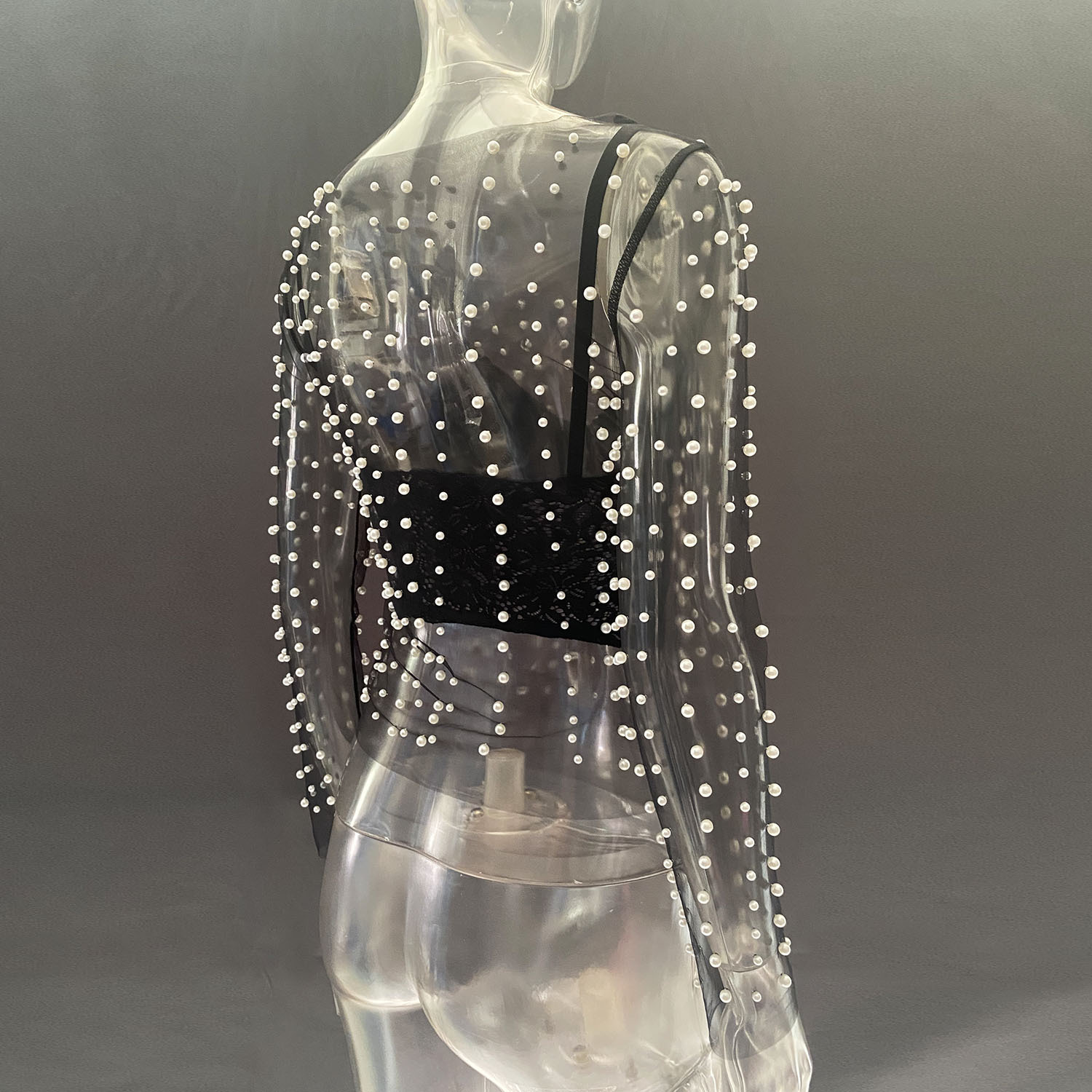 Ootddress Summer Long Sleeve Beach Top Mesh For Women Sheer Lace See-Through Crop top Pearls Cover up Slim Nude sexy Party Outfits