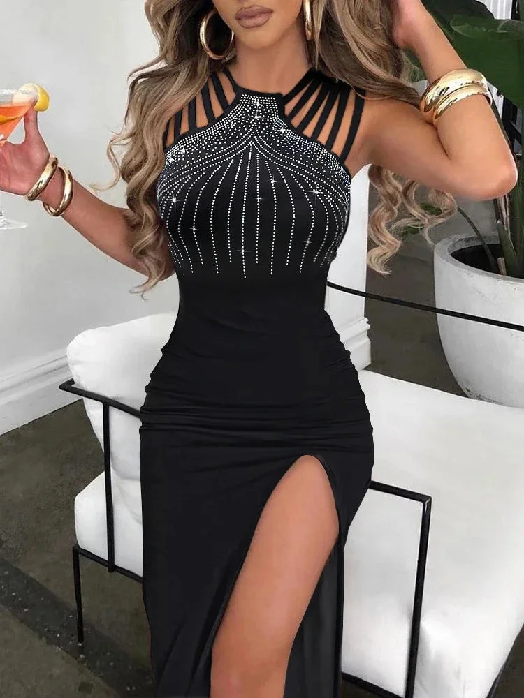 Nncharge Evening Dresses for Women Slim Hot Rhinestone French Dress 2024 Sleeveless Ladies High Slit Bodycon Sexy Dress Black