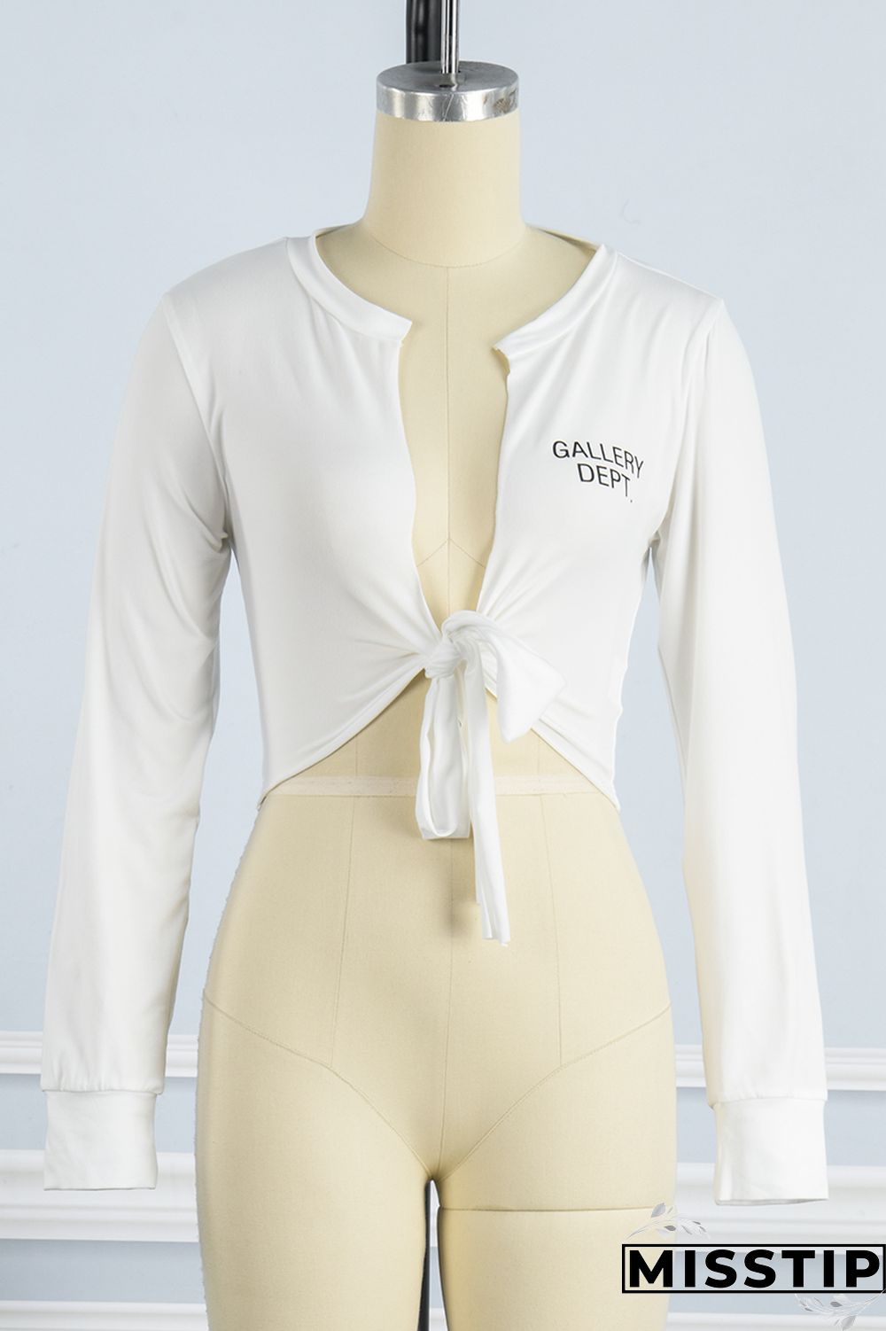 White Casual Letter Print Bandage V Neck Tops