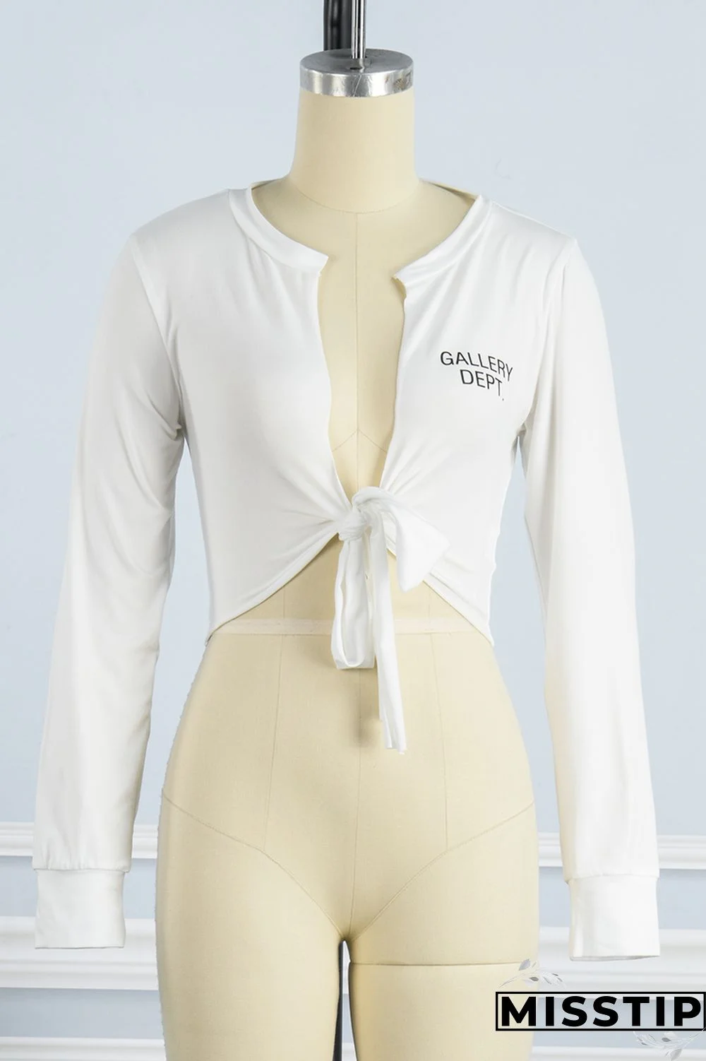 White Casual Letter Print Bandage V Neck Tops