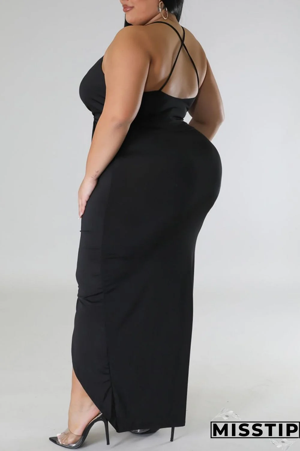 Purple Sexy Solid Patchwork Backless V Neck Sling Dress Plus Size Dresses