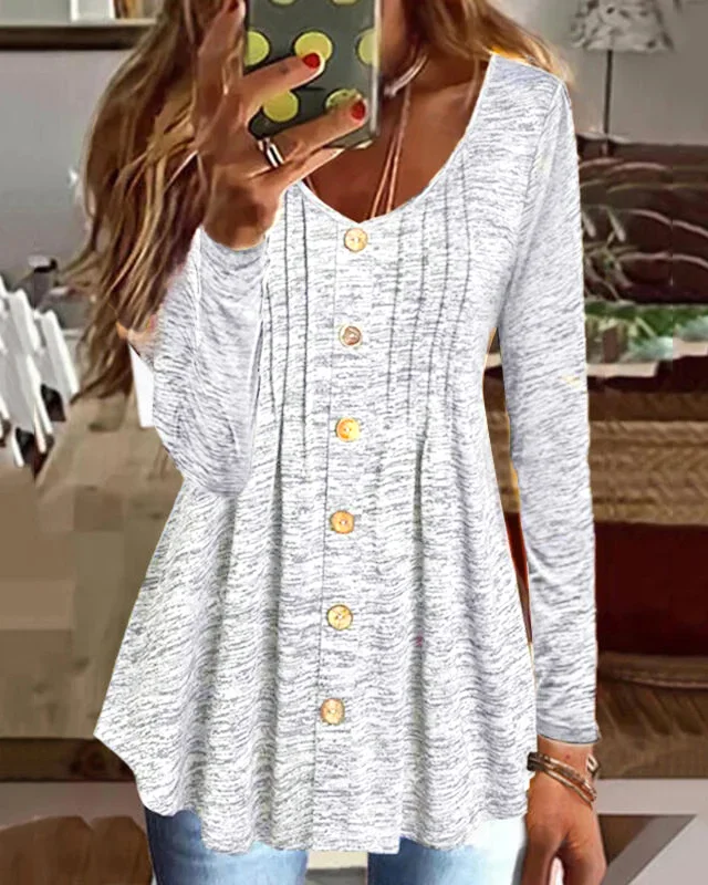 Solid Round Neck Long Sleeves Casual Blouses