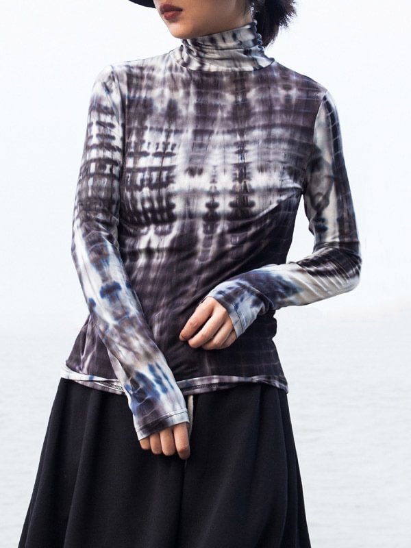 Fashion Tie-Dyed Long Sleeves High-Neck T-Shirt