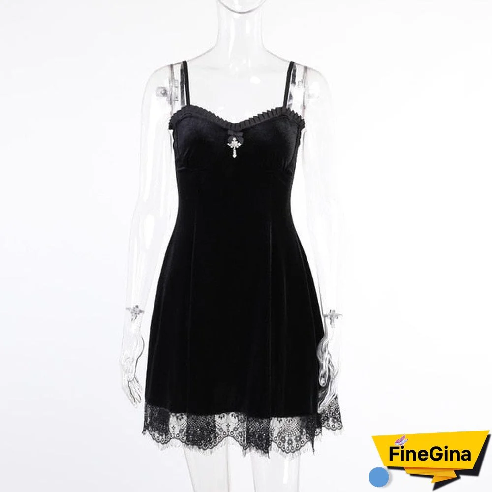 Allneon E-Girl Aesthetics Ruffles Lace Trim Velvet Dresses Mall Goth Y2K A-Line Straped Backless Cami Dress Grunge Punk Outfits