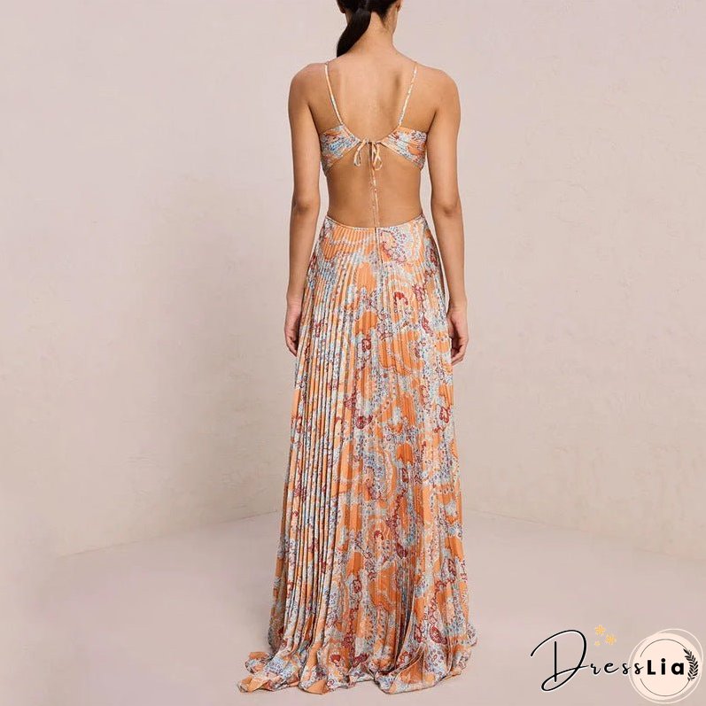 Summer New Print Sexy Hanging Neck High Grade Elegant Backless Pleated Dress