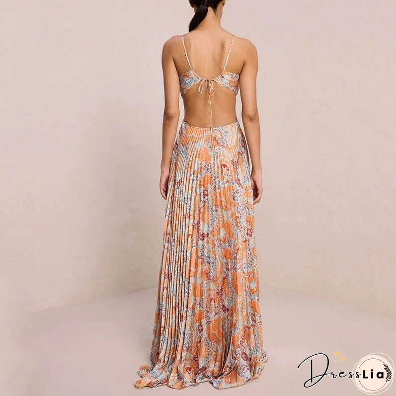 Summer New Print Sexy Hanging Neck High Grade Elegant Backless Pleated Dress