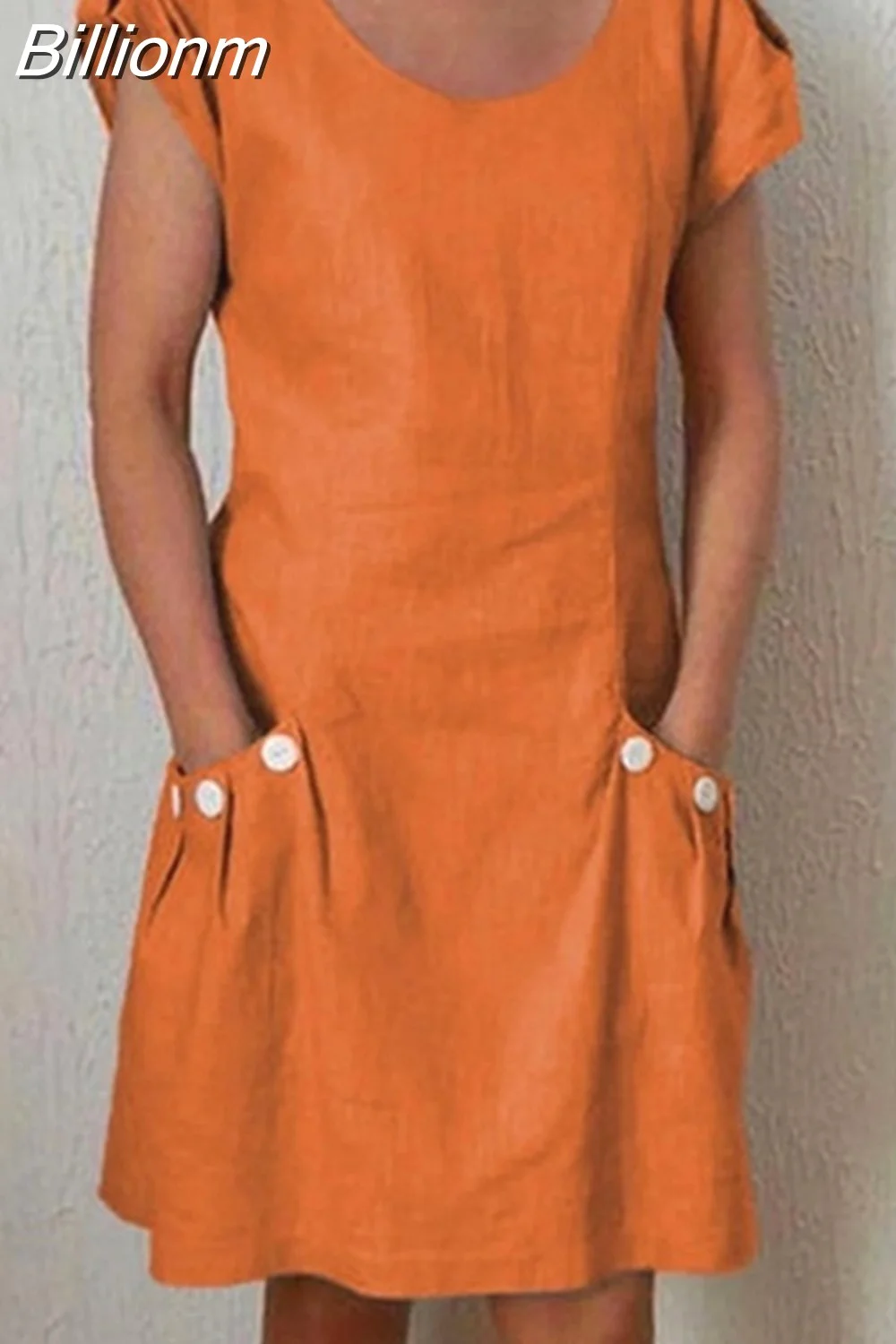 Billionm Color Button O Neck Cotton Linen Summer Dress Women Vintage Short Sleeve Pocket Knee Dress Casual Loose Plus Size Dresses
