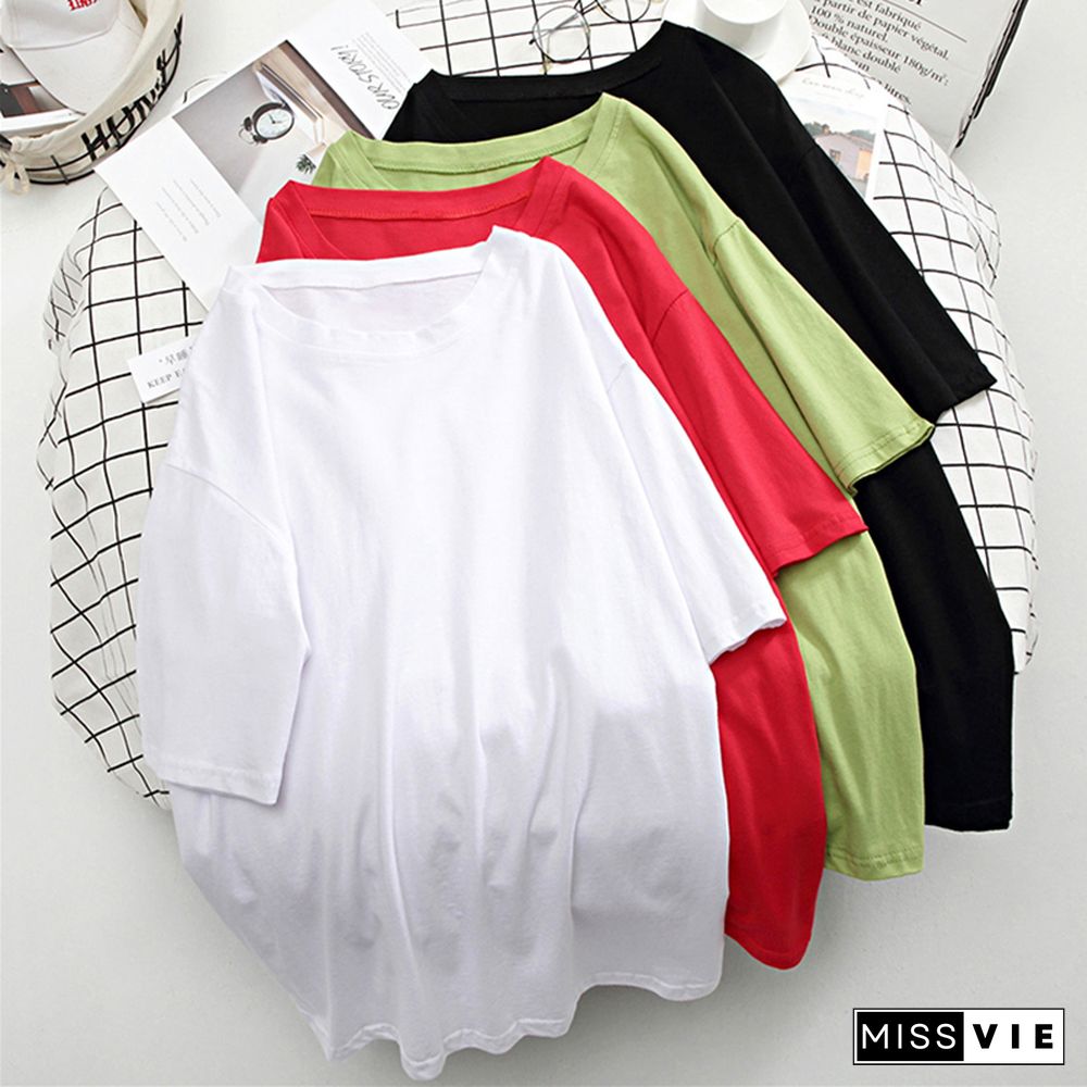 Basic Cotton T Shirt Women Summer New Solid Tees 7 Color Casual Loose Tshirt Korean O Neck Female Tops