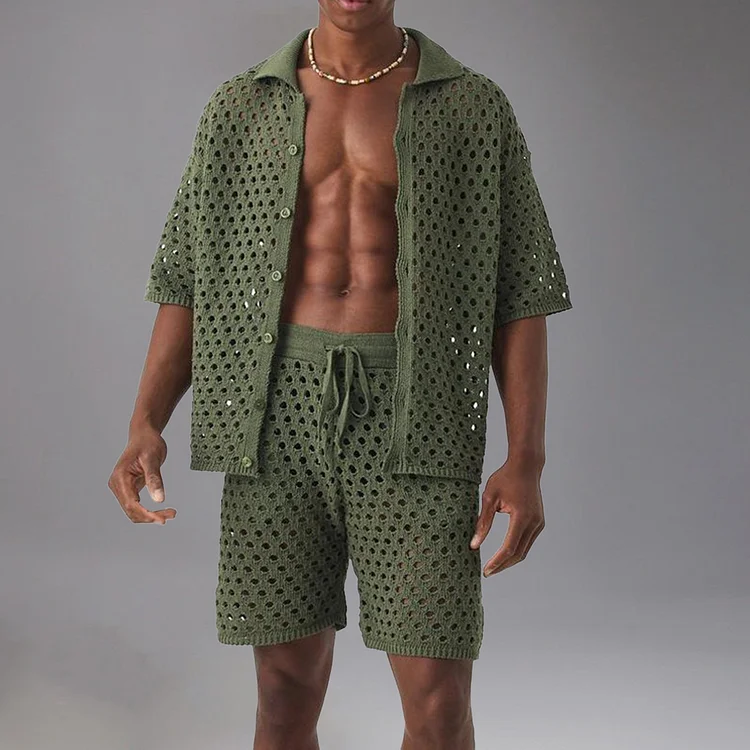 Casual Hollow Out Knitted Shirt & Drawstring Shorts 2Pcs Set Okaywear