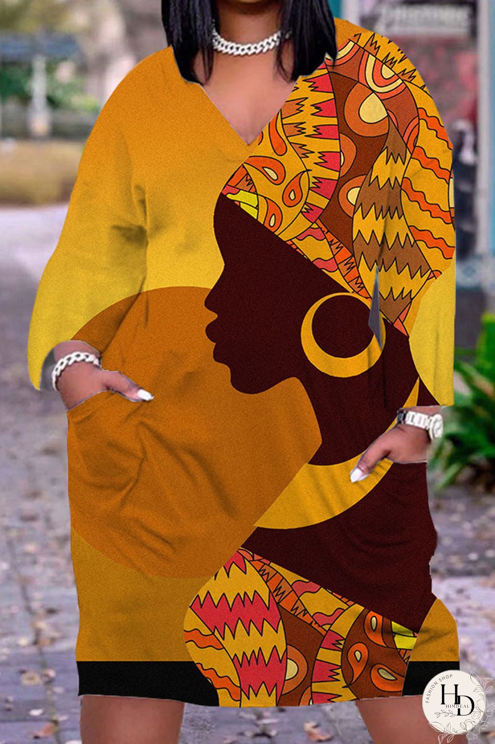 Yellow Brown Casual Print Patchwork V Neck Straight Dresses