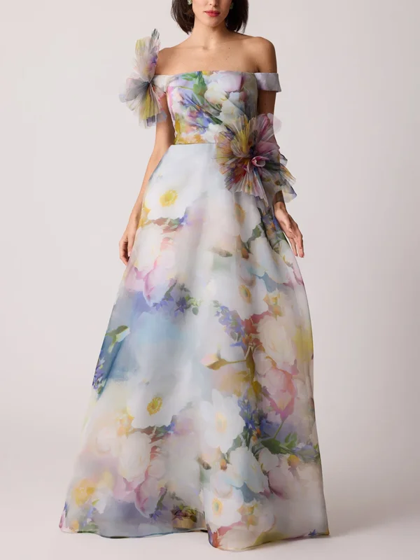 Organza Watercolor Off Shoulder 3D Flower Gown