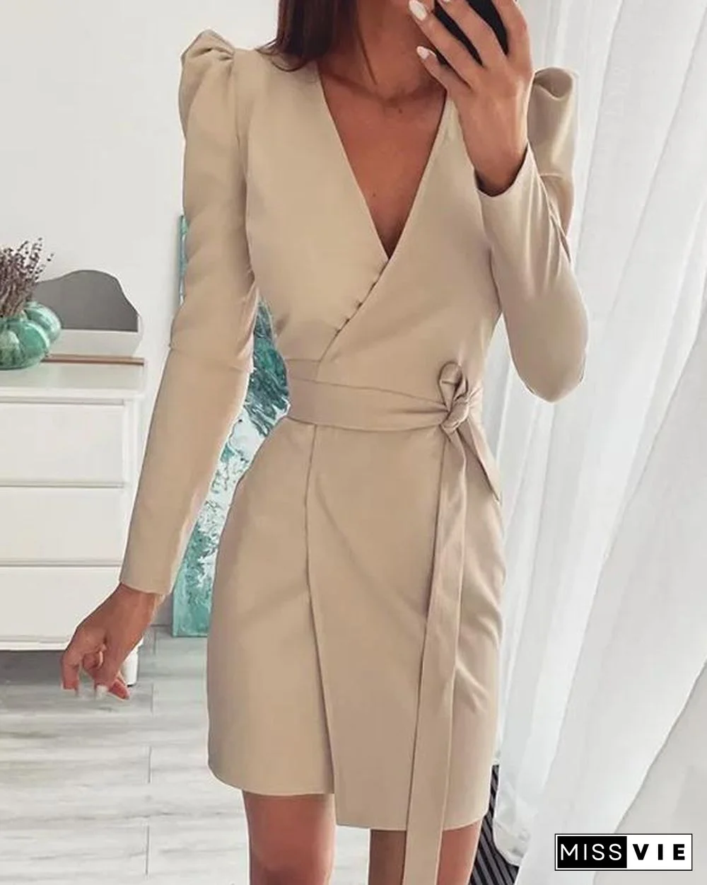 V Neck Suit Dress With Belt