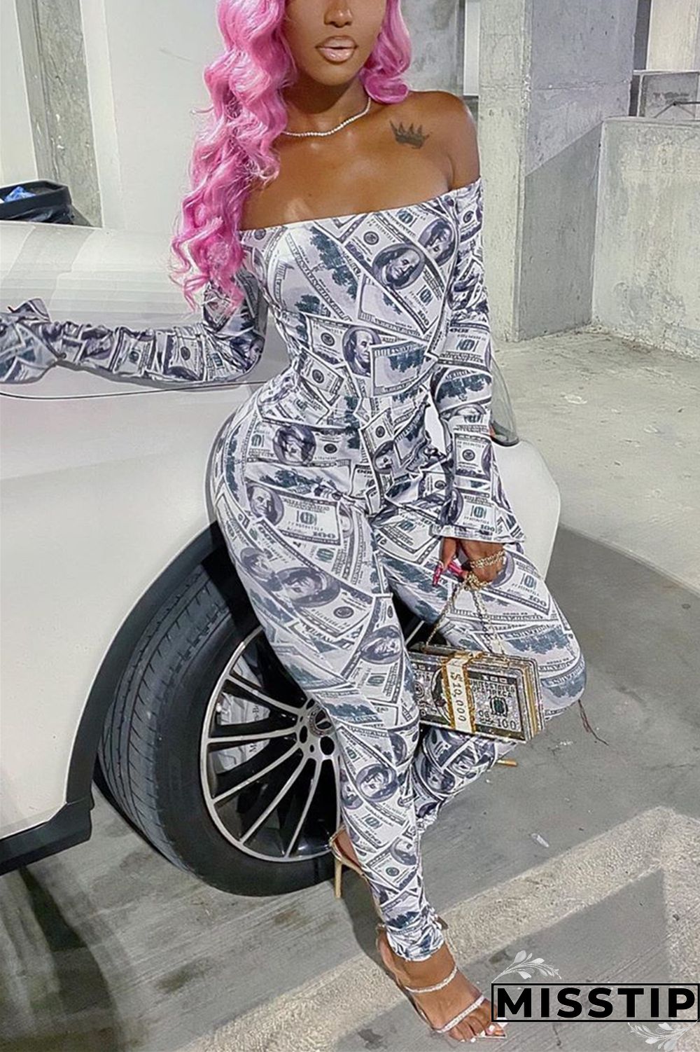 Gray Fashion Sexy Long Sleeve Bateau Neck Off The Shoulder Regular Print Two Pieces