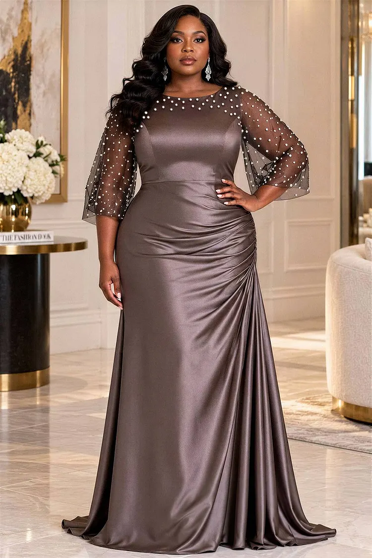 Xpluswear Design Plus Size Formal Tulle Grey Round Neck Flare Half Sleeve Contrast Fold Satin Maxi Dresses [Pre-Order] 2024 - Xpluswear