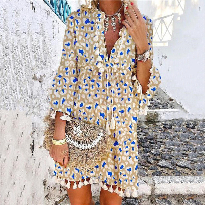 Boho Printed V-neck Fringed Loose Beach Dress wearshes
