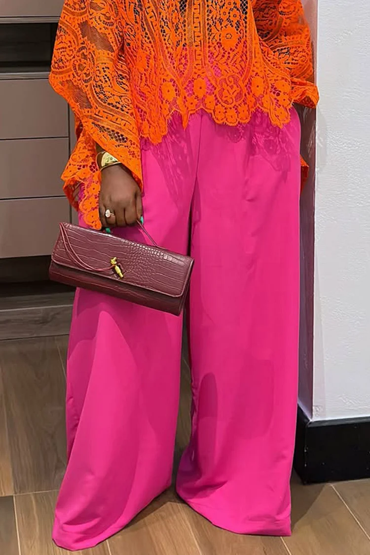 Plus Size Business Casual Hot Pink Pocket Casual Wide Leg Pants [Pre-Order] 2024 - Xpluswear