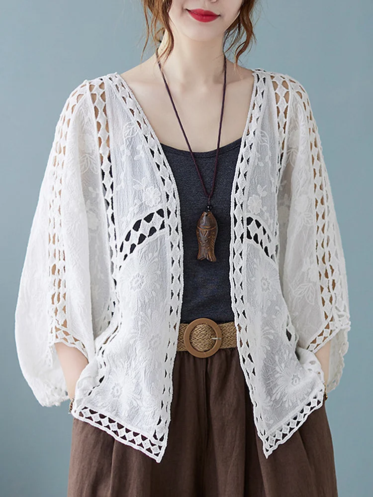 Vintage Plain Jacquard 3/4 Sleeve Loose Hollow Cardigan