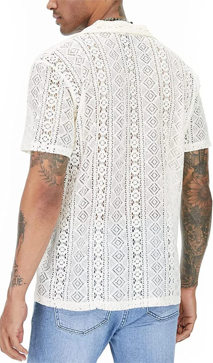 Uveng Uveng New Fashion Men's Casual Short-Sleeved Lace Collar Button Hollow Cool Perspective Shirt Top