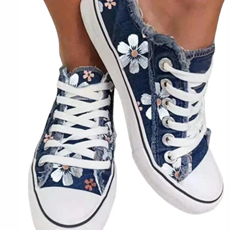 2021 Woman Canvas Shoes Elegance Floral Print Women Vulcanize Shoes Fashion Lace Up Flat Sneakers zapatos de mujer zapatos