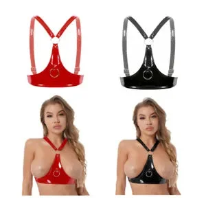 pornhint Pornhint Women's Shiny Leather Lingerie Strappy Bralette Cupless Bra Tops Sexy Nightclub