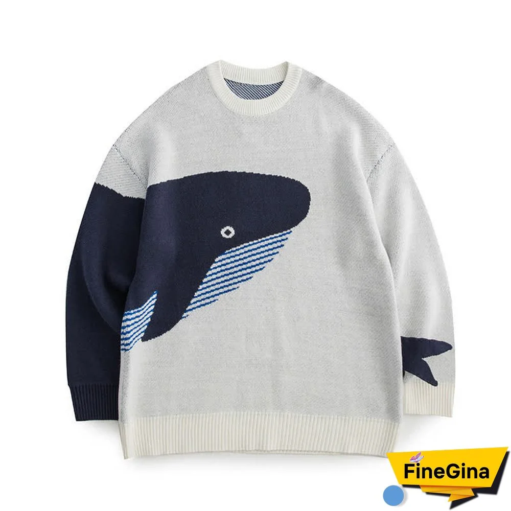 Cartoon Shark Print Round Collar Knitted Sweater