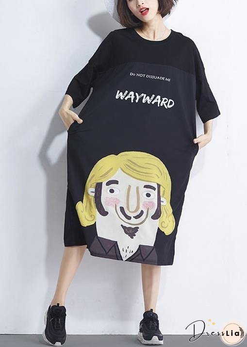 Women Black Patchwork Character Summer Maxi Dresses Half Sleeve