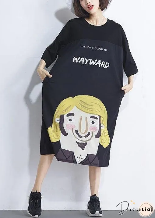 Women Black Patchwork Character Summer Maxi Dresses Half Sleeve