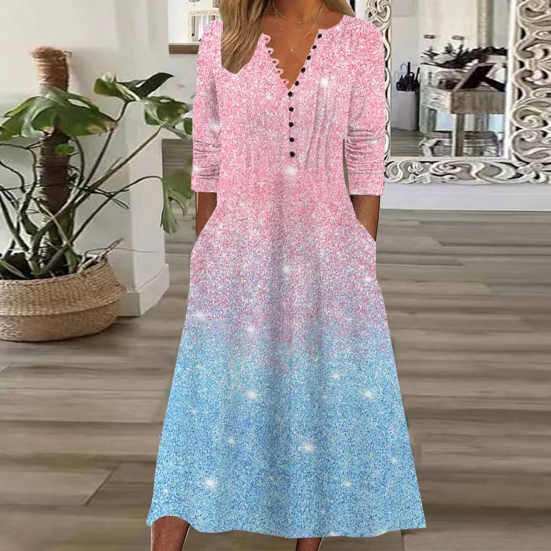 Women Colorblock,Blue DZHB8316 Long Sleeve V-Neck Graphic Printed Midi Dress