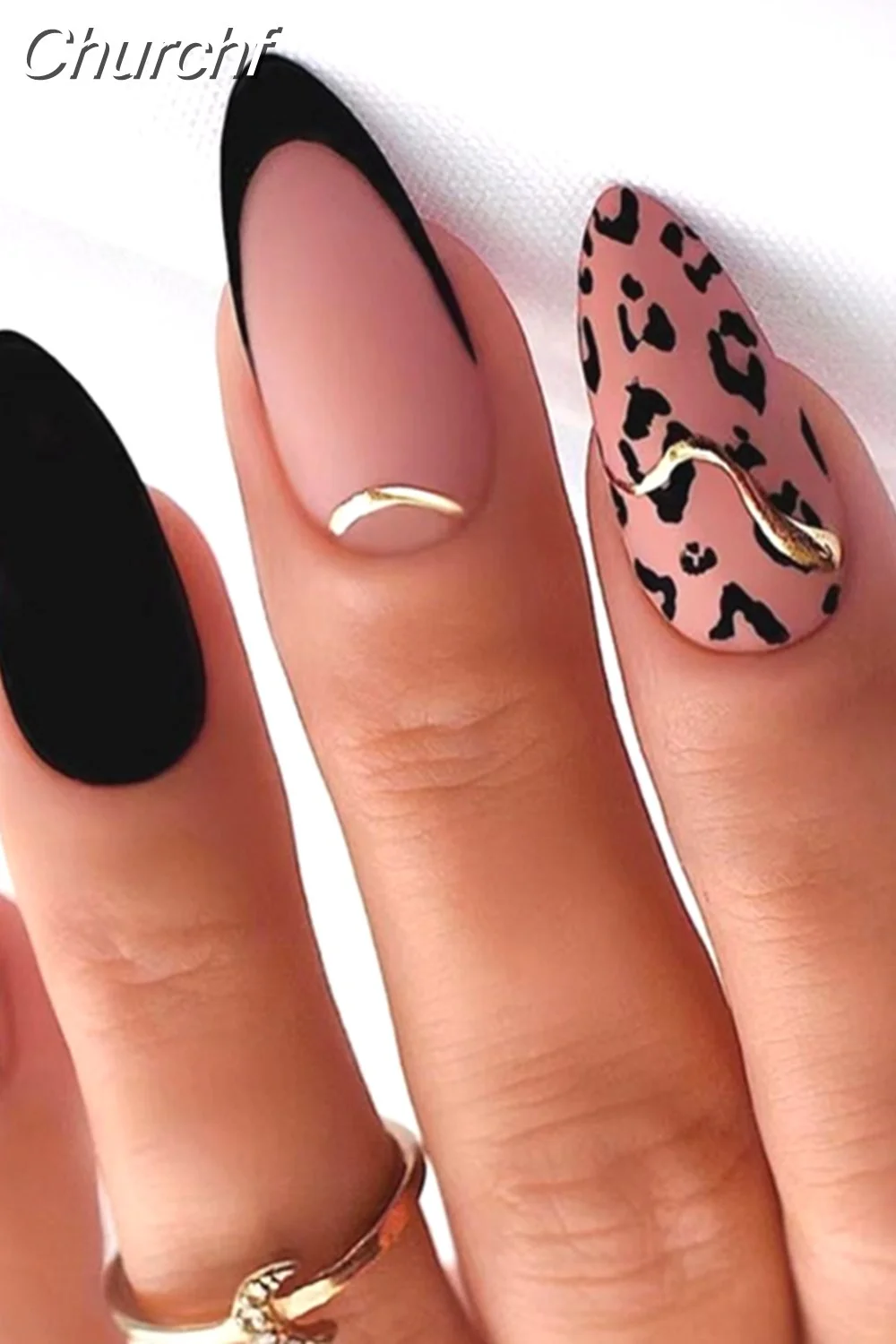 Churchf Short Almond Black Flower False Nail Finished Nail Patches French Stiletto Fake Nails Full Cover Nail Tips Press On Nail-Nail Inspo