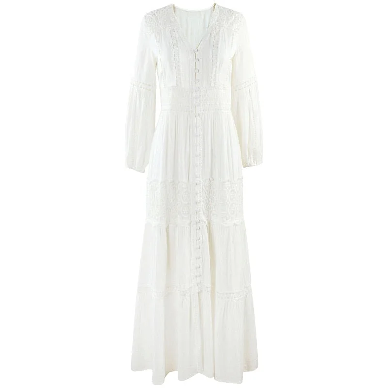 Ordifree 2022 Boho Women Maxi Party Dress Single Breasted Sexy White Lace Cotton Tunic Long Beach Dress Summer Vocation