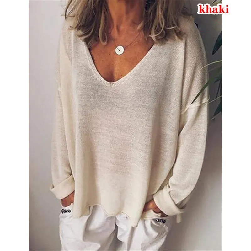 Brownm V-neck Pullover Cotton Solid Color Long Sleeve Women's T-shirt