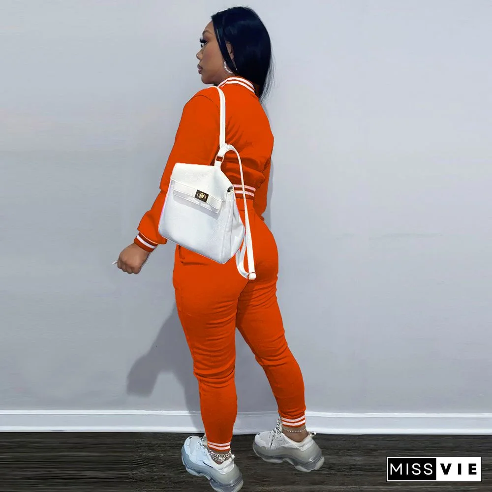 Solid Baseball Jacket Sporty Pants Set