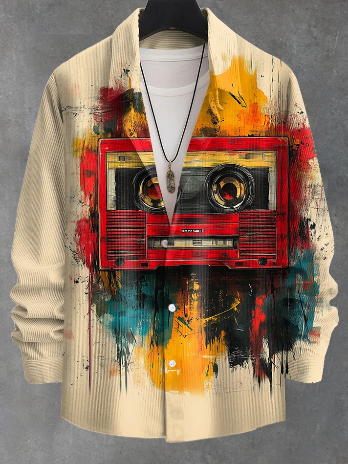 Men's Vintage Music Tape Splash Ink Oil Painting Print Long Sleeve Shirt