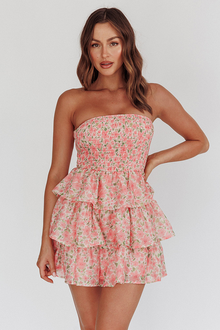 Ditsy Floral Print Strapless Layered Ruffled Mini Dresses-Pink [Pre Order]