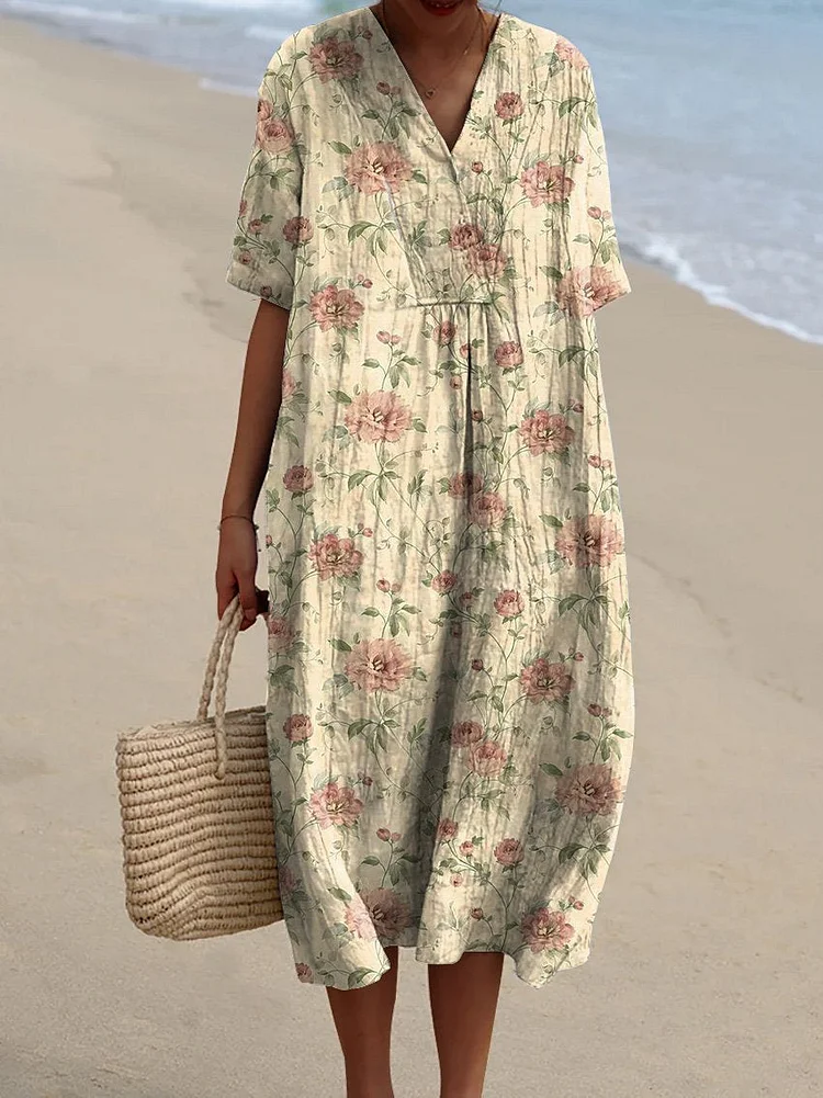 Vintage Camellia Floral Pattern Printed Women's Flowy Dress