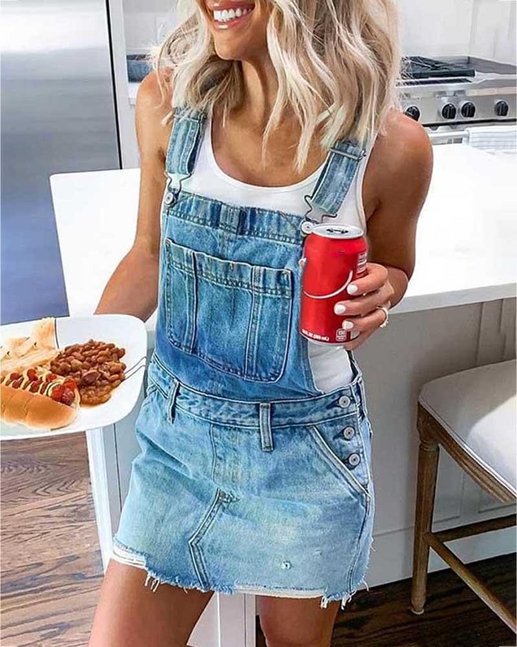 Denim Buttoned Pockets Suspender Dress