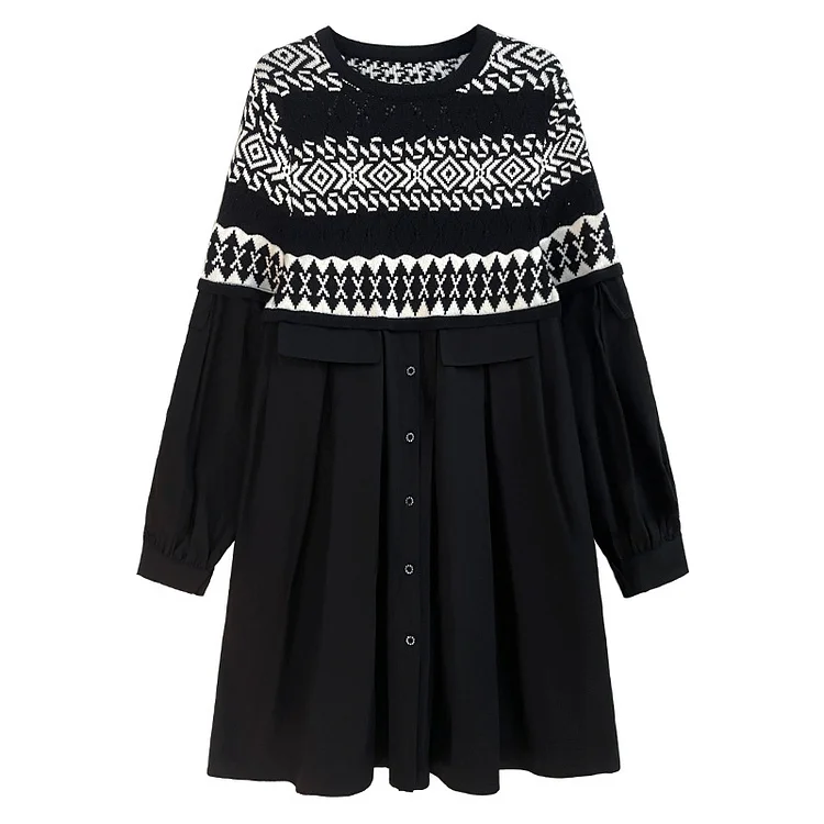 Vintage Knit Sweater Splicing Mini Dress - yankia