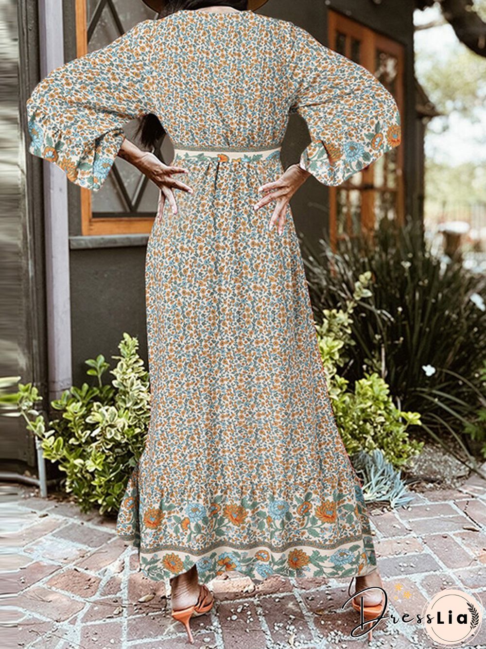 Bohemian Floral Print Belt Ruffle Sleeve Maxi Dress