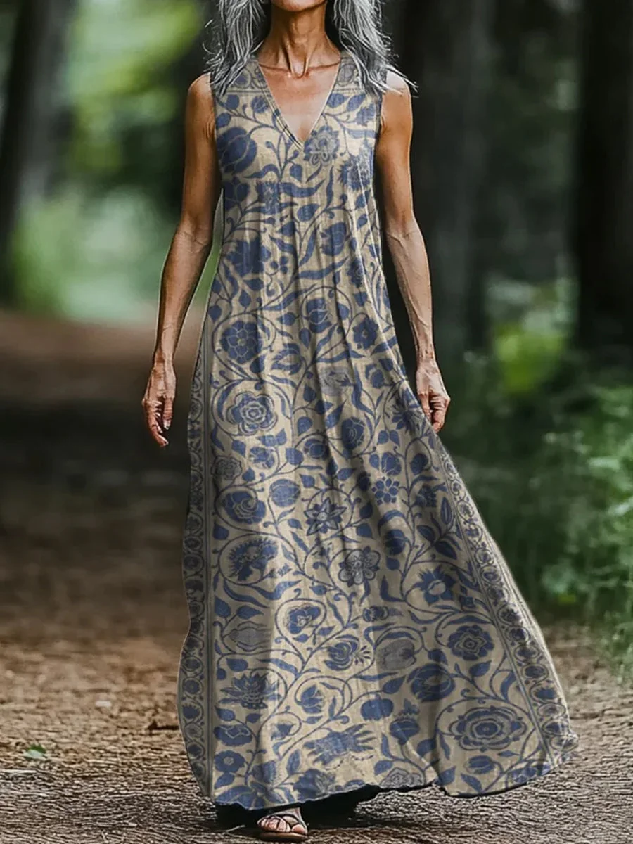 Vintage V-neck Bohemian Floral Print Elegant Chic Loose Midi Dress-DR-F-52