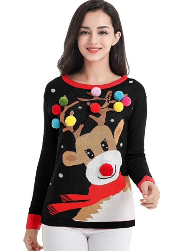 Women's Christmas Crew Neck Long Sleeve Sweater Flusfy
