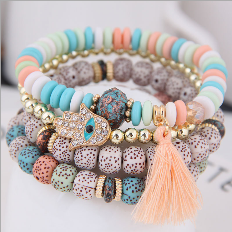 VChics Ladies Retro Tassel Round Bead Creative Multilayer Bracelet