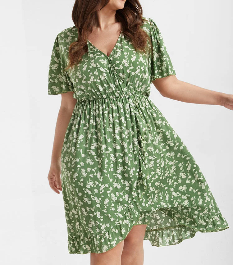 Ditsy Floral Ruffles Elastic Waist Wrap Dress