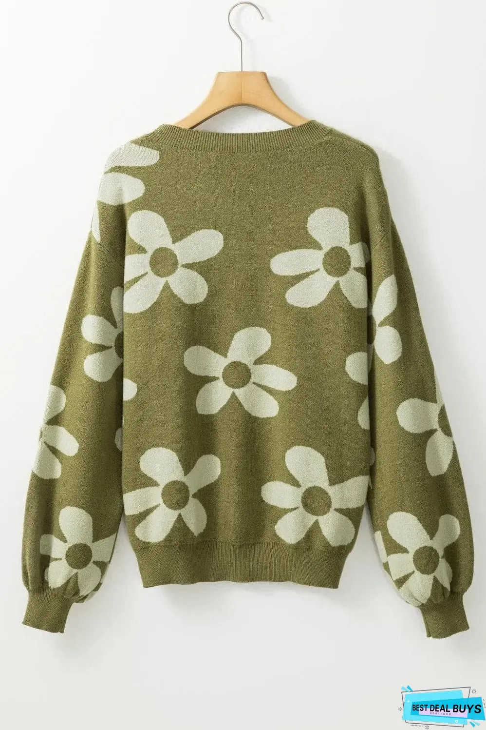 Spinach Green Big Flower Knit Ribbed Trim Sweater