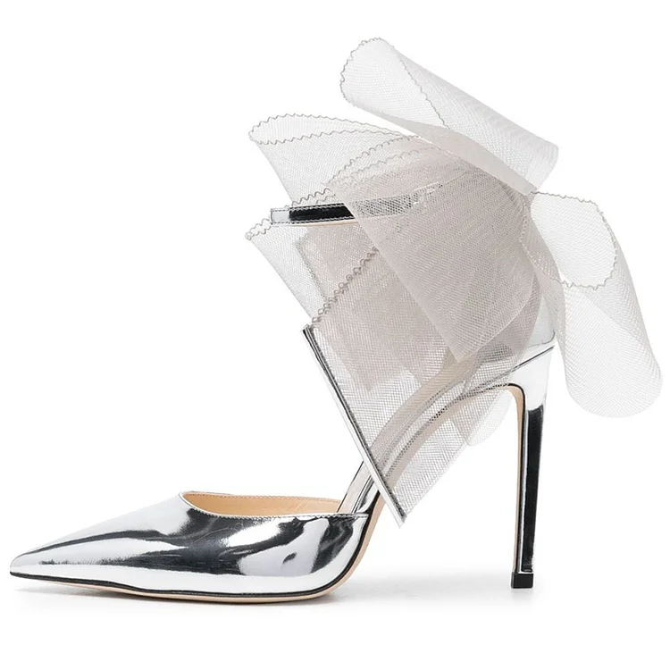 Silver Ankle Strap Stiletto Heels Elegant Pointy Toe Bow Shoes Classy Wedding Pumps |FSJ Shoes