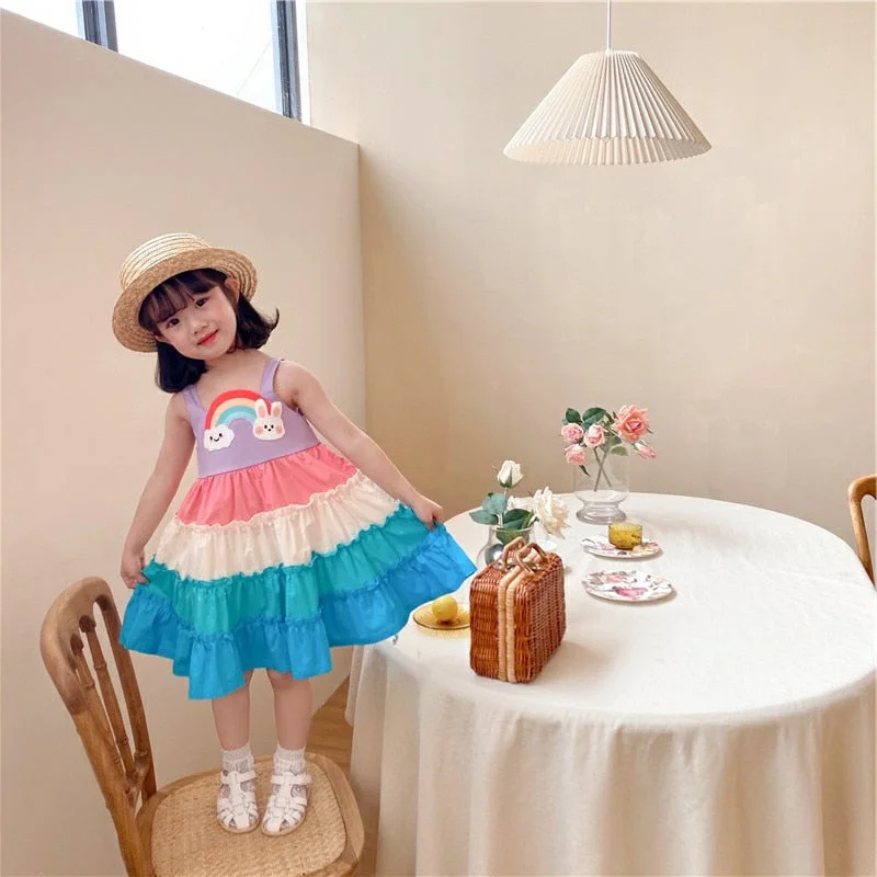 Summer girls cartoon dresses rainbow suspender dress children Korean version of thecake dress Splicing flower girl dresses