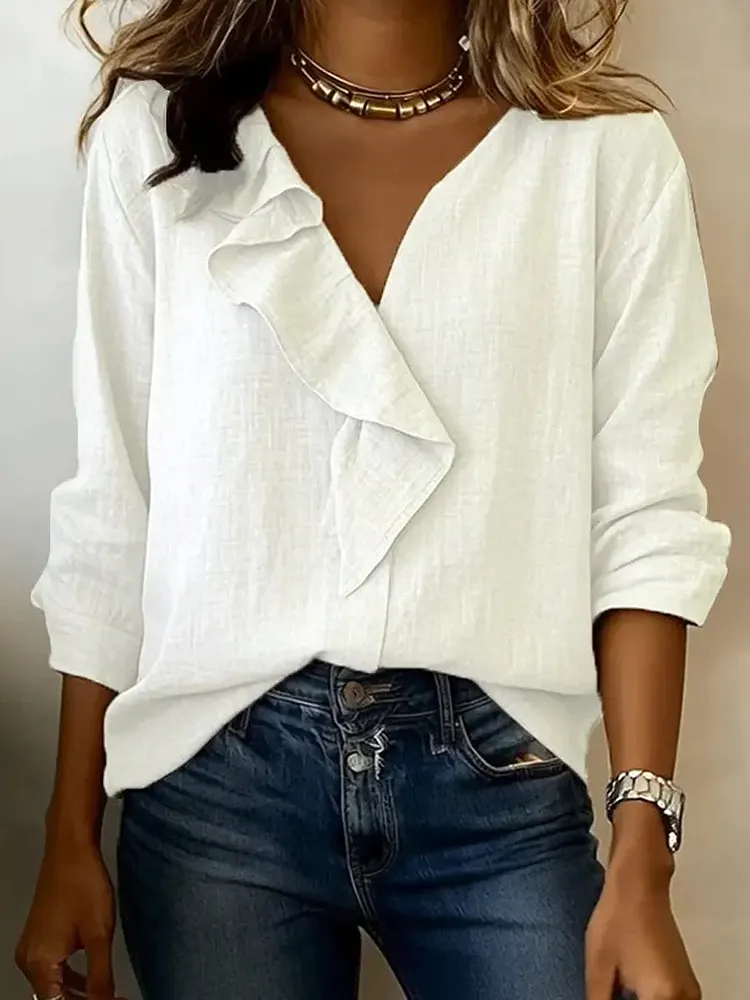 Women's Retro Casual Ruffled Long Sleeve Stylish Cotton Shirt