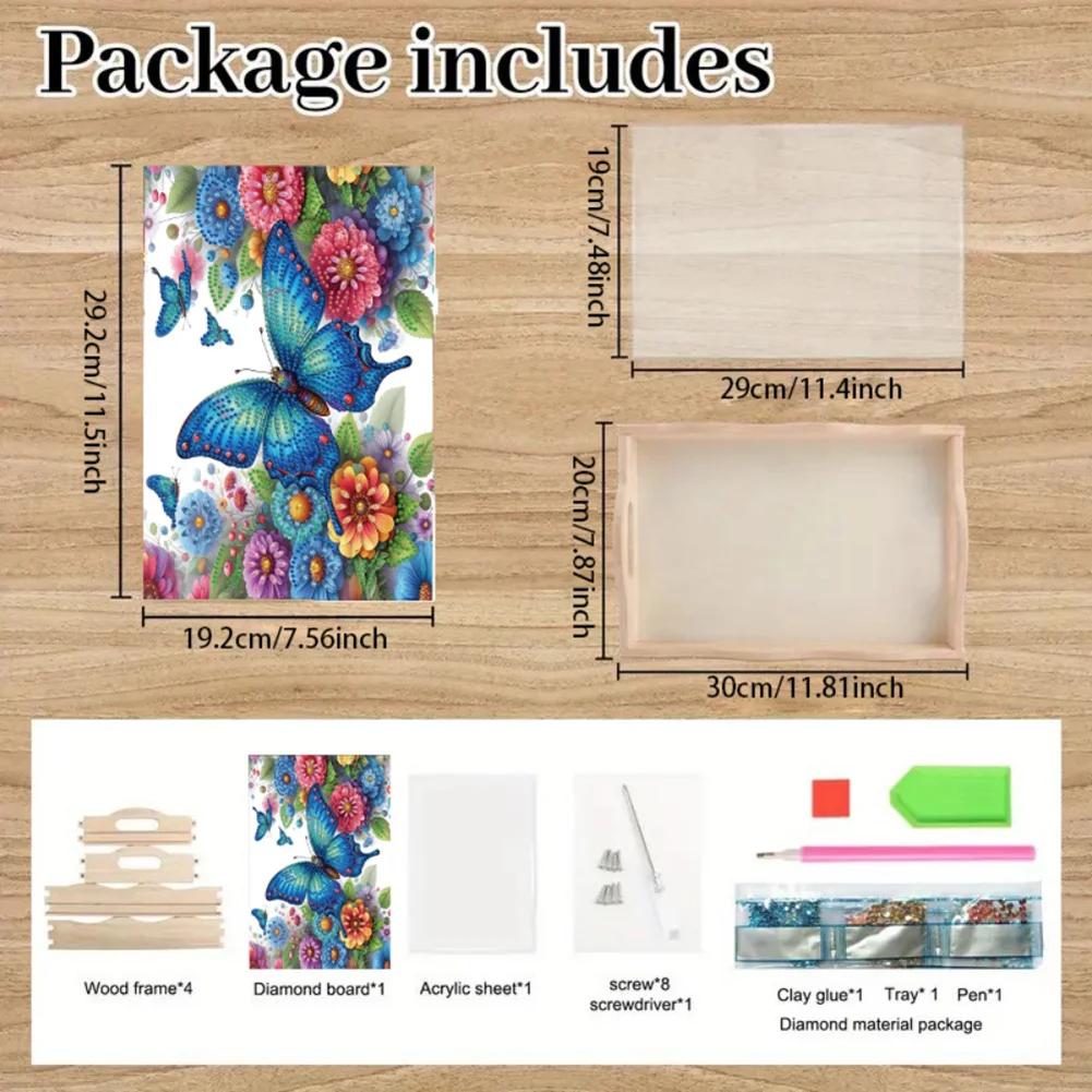 5D DIY Wooden Flower Butterfly Diamond Painting Serving Tray for Home Decor
