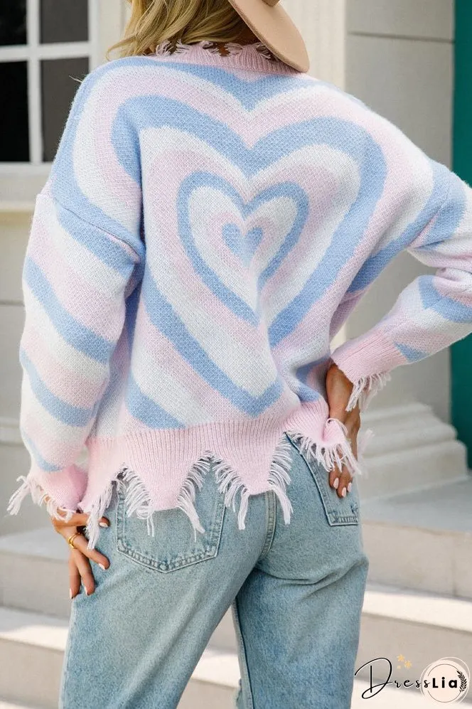 Ripped V Neck Multiple Heart Knit Pullover Sweaters