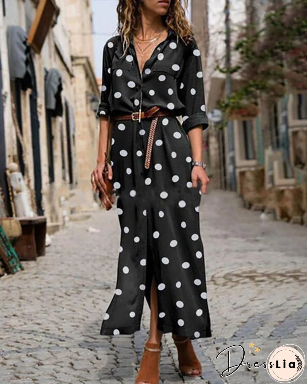 Polka Dot Print Women Casual Midi Dress